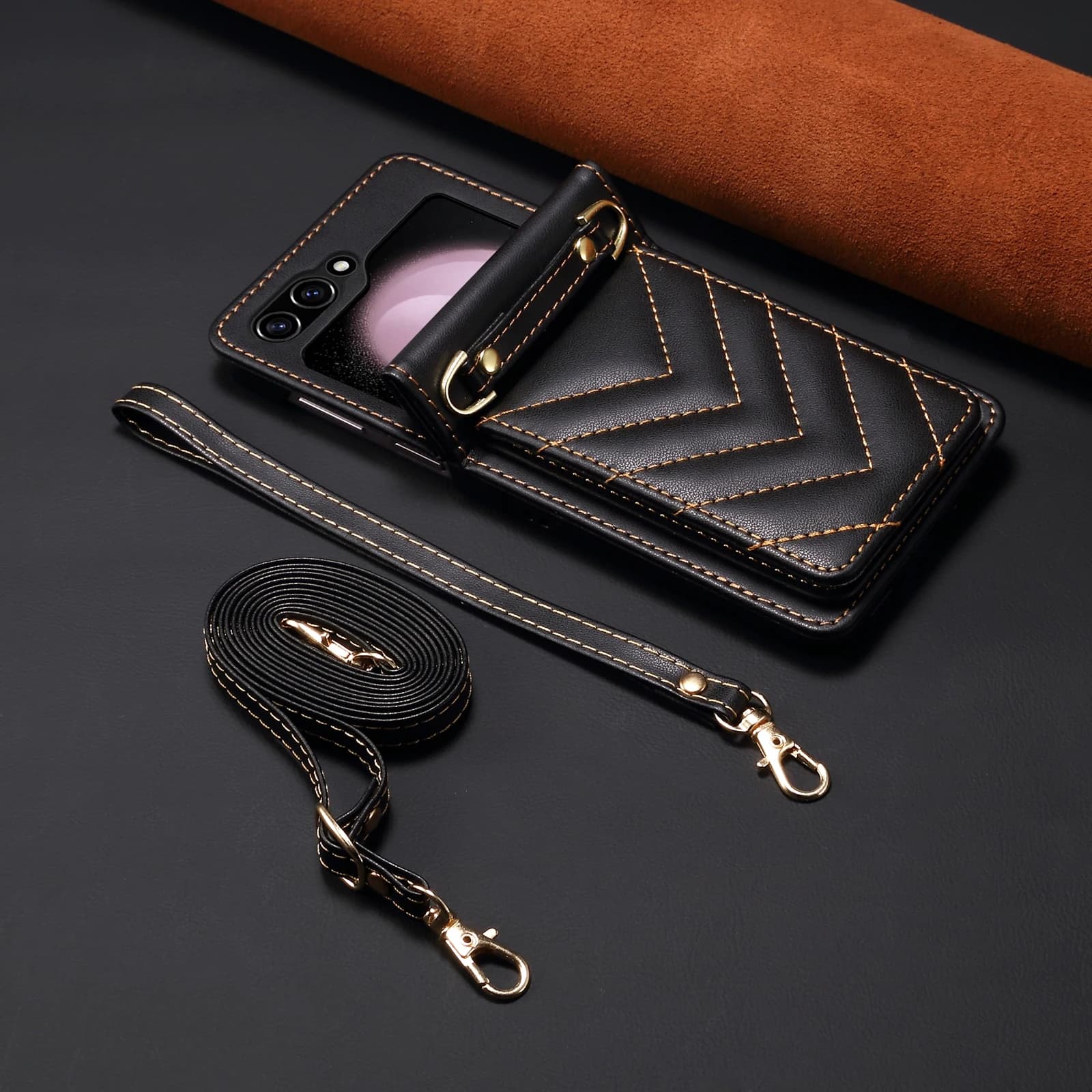 Luxury V-Necklace Leather Shoulder Bag for Samsung Galaxy Z Flip 6 5 4 3 7, Wallet Case with Card Holder and Adjustable Shoulder