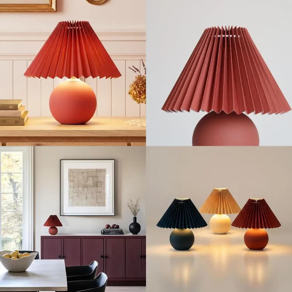 Lampada da Tavolo a 10 LED con Paralume Plissettato - Ideale per Comodino, Scrivania e Soggiorno in Rosso Bordeaux