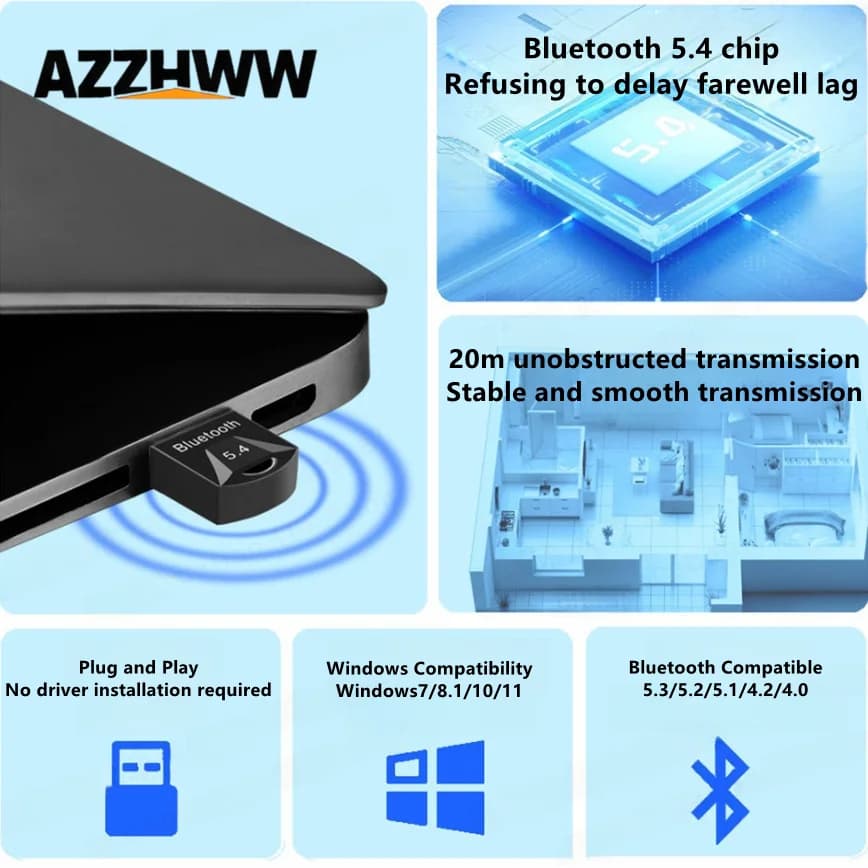 Adattatore Bluetooth USB 5.4/5.3/5.0 Ricevitore trasmettitore audio Bluetooth wireless per PC portatile Mouse Tastiera Stampante Altoparlante