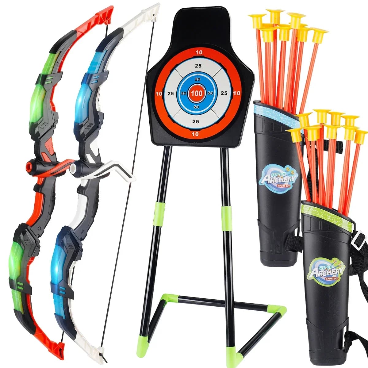 MQUDUO Glowing Archery Bow Arrow Set with 3D Target Stand, Suction Arrows, Backyard Shooting Game, Beginner Aim Training Gift