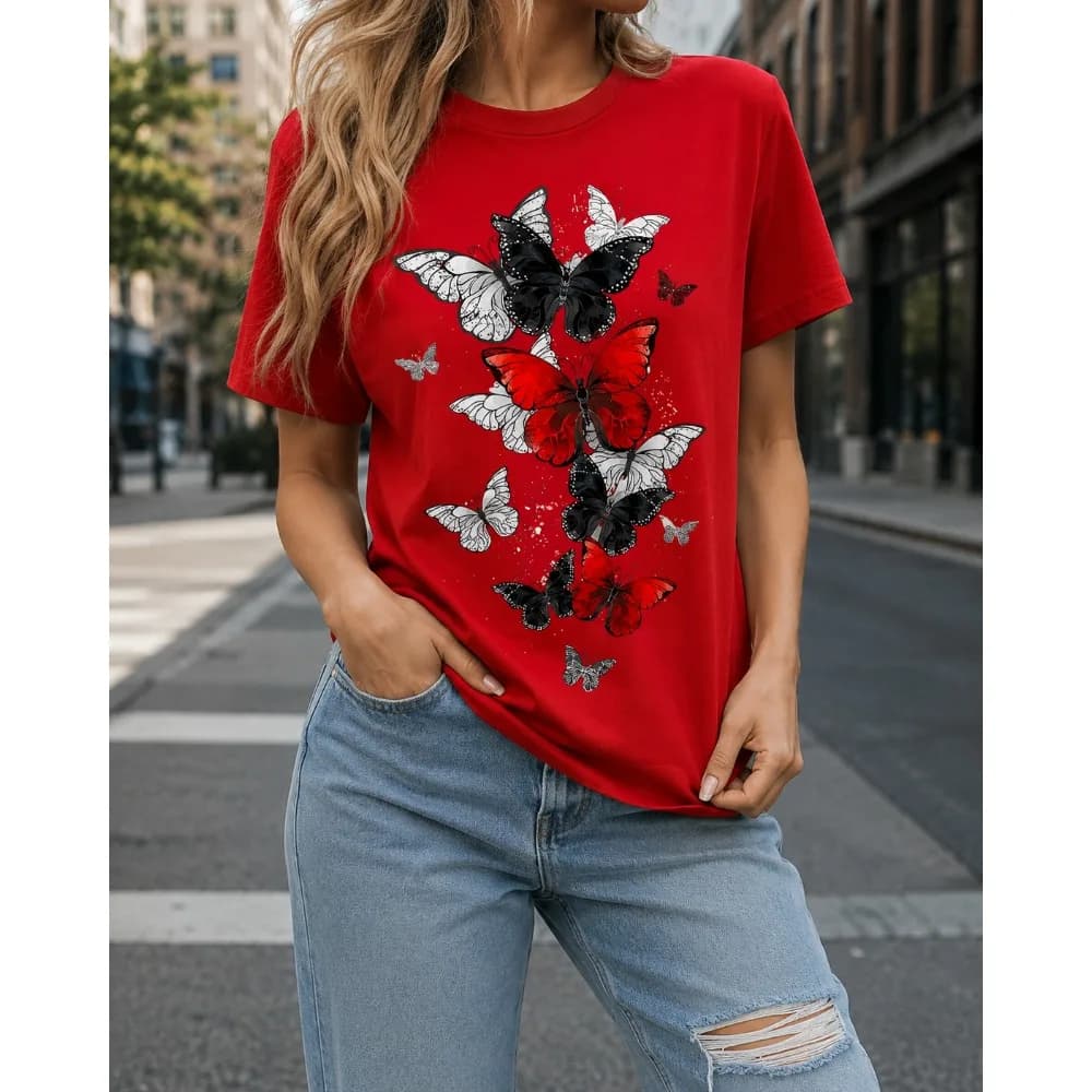 Butterfly Print T-Shirt Black Red Butterfly Pattern Short Sleeve Round Neck Blouse Loose Fit Casual Top with Butterfly Design