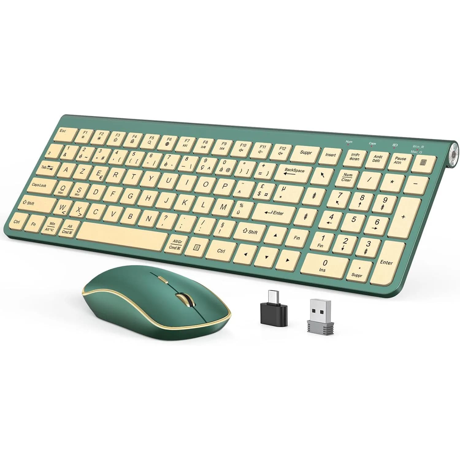 Tastiera e mouse wireless ergonomici, design ultrasottile e compatto French AZERTY/American QWERTY silenziosi, porte USB-A e USB-C.