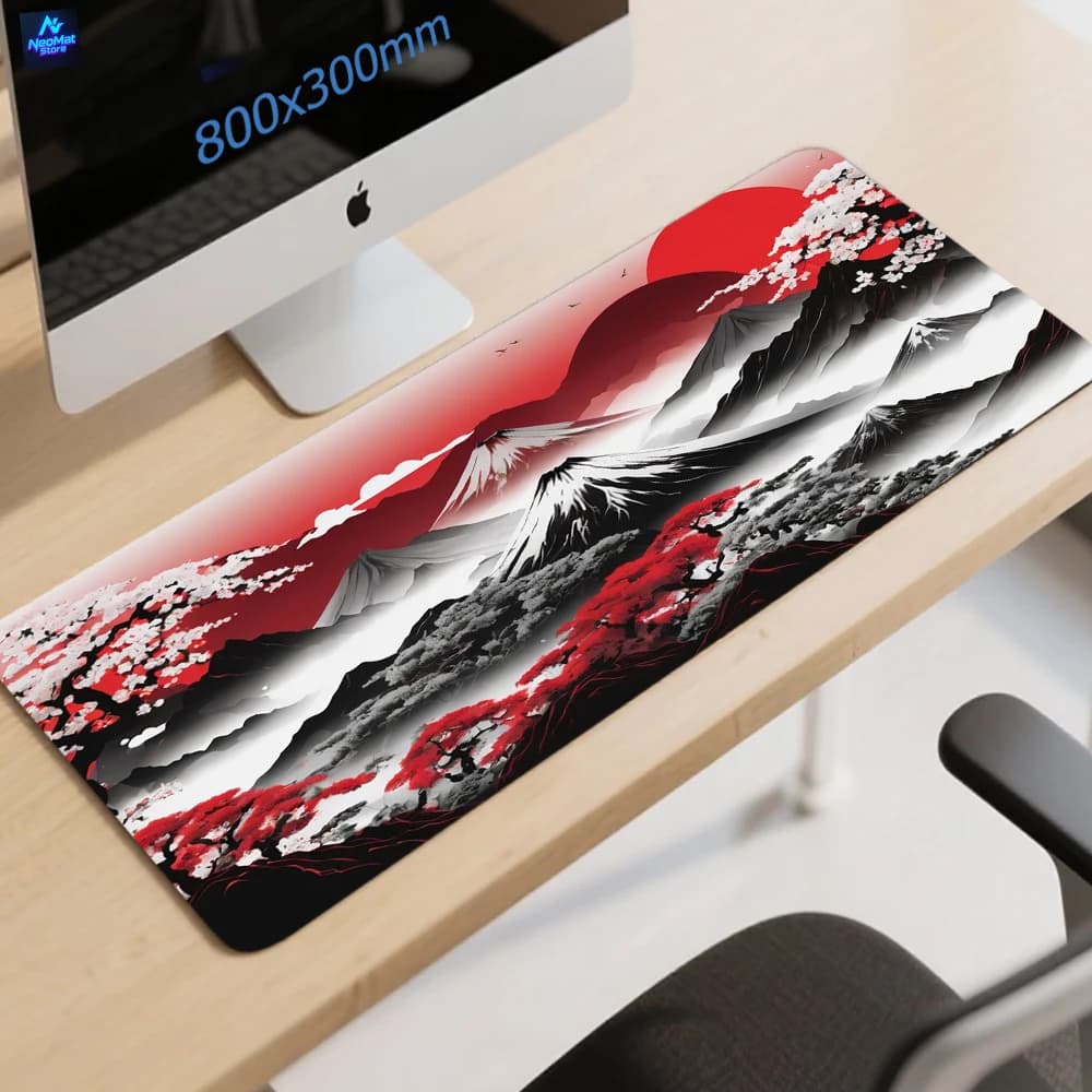 Tappetino per mouse in stile giapponese Sakura Mount Fuji, tappetino per PC 80x30, estetico, sole rosso, fiori di ciliegio, tappetino da scrivania, tappetino per mouse da gioco grande, nero, bianco, paesaggio orientale, arte, decorazione per scrivania del computer, accessori per ufficio, tappetino esteso XXL