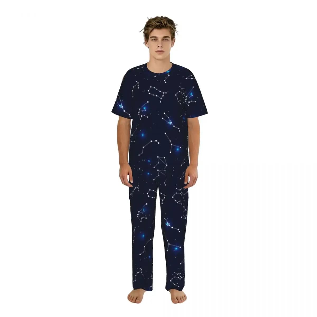Pigiama da uomo estivo: completo con top a maniche corte e pantaloni lunghi, abbigliamento da notte e da casa, con stelle e costellazioni zodiacali