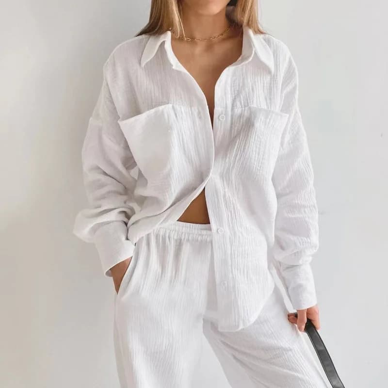 Completo Casual Comodo da Donna: Set Due Pezzi con Camicia a Maniche Lunghe in Filato Zou a Doppio Strato e Pantaloni Tinta Unita - Collezione Femminile 2026