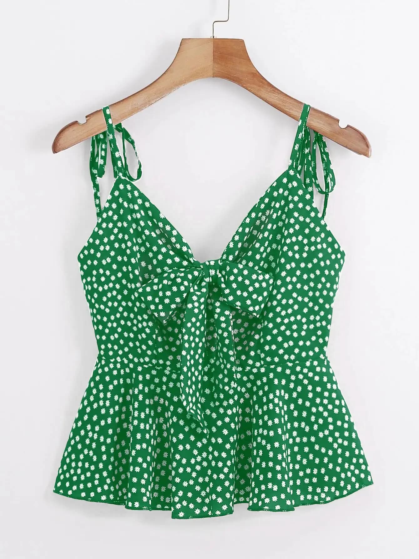 Women's Fresh Green Floral Print Cami Top, Tie Shoulder Bow Peplum Hem Vacation Blouse
