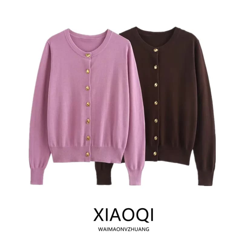 Nuovo Maglione Lavorato a Maglia da Donna Autunno 2024, Stile Dolce con Bottoni Dorati, Maniche Lunghe, Collo Tondo, Linea ad A