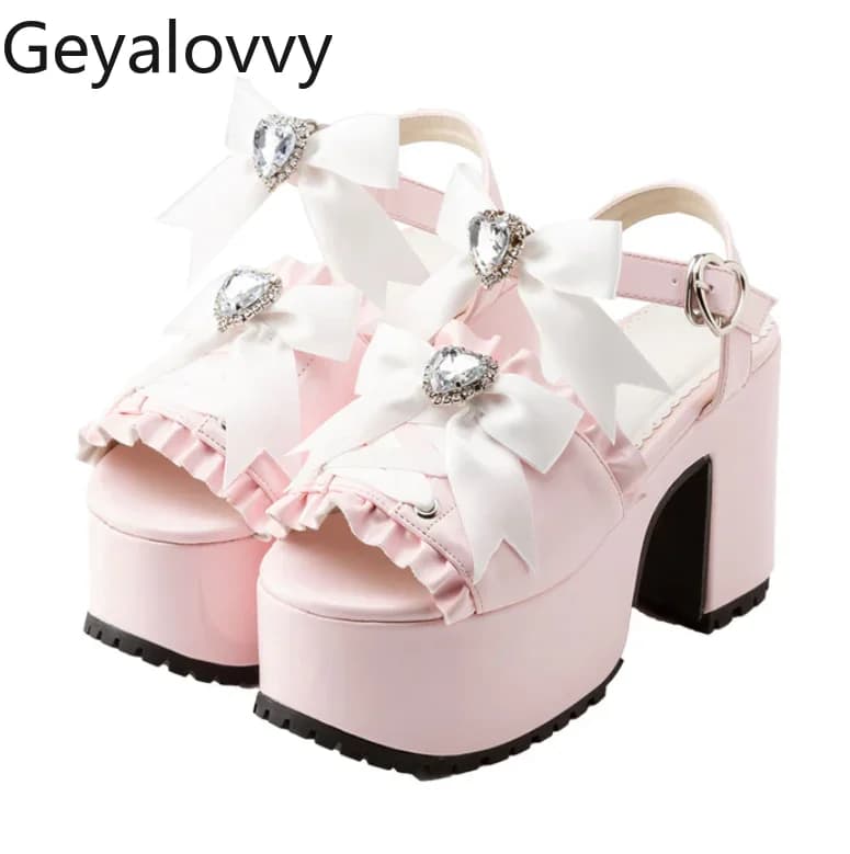 Scarpe con suola spessa con plateau bowknot con strass giapponesi Lolita Sandali con tacco alto versatili per ragazze dolci e carine prodotte in serie