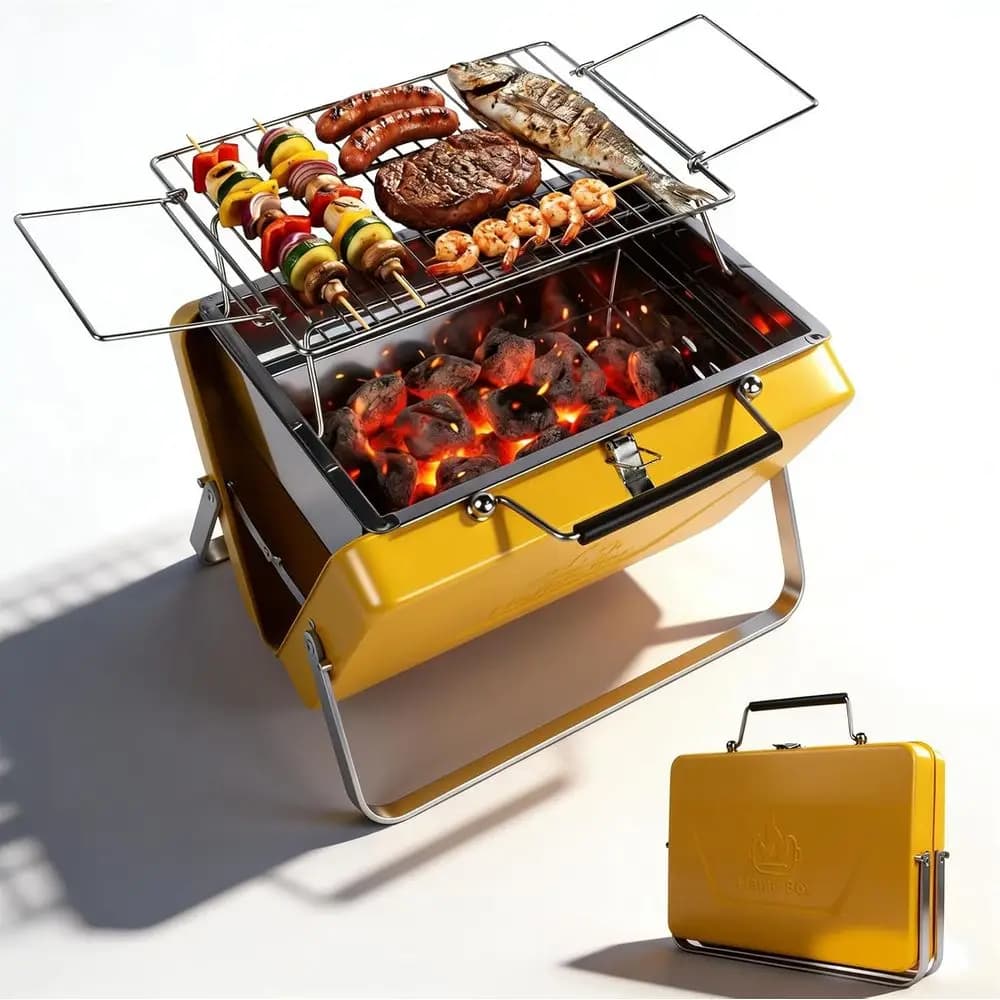 Griglia Portatile a Carbone Stile Lunchbox per BBQ, Campeggio, Spiaggia e Tailgating | Riscaldamento a doppia zona, acciaio inossidabile, facile installazione, To