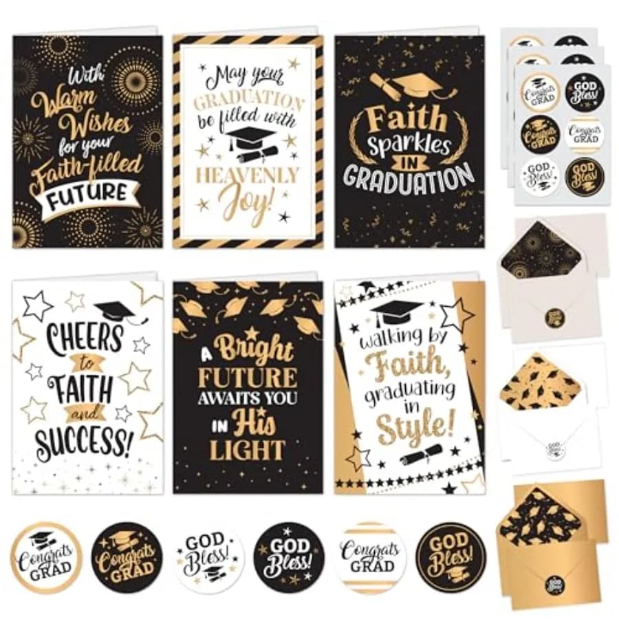 18 Pack Gold-Foiled and Glittery 5x7in Christian Graduation Cards Religious with Envelopes and Stickers, 6 Elegant Designs for