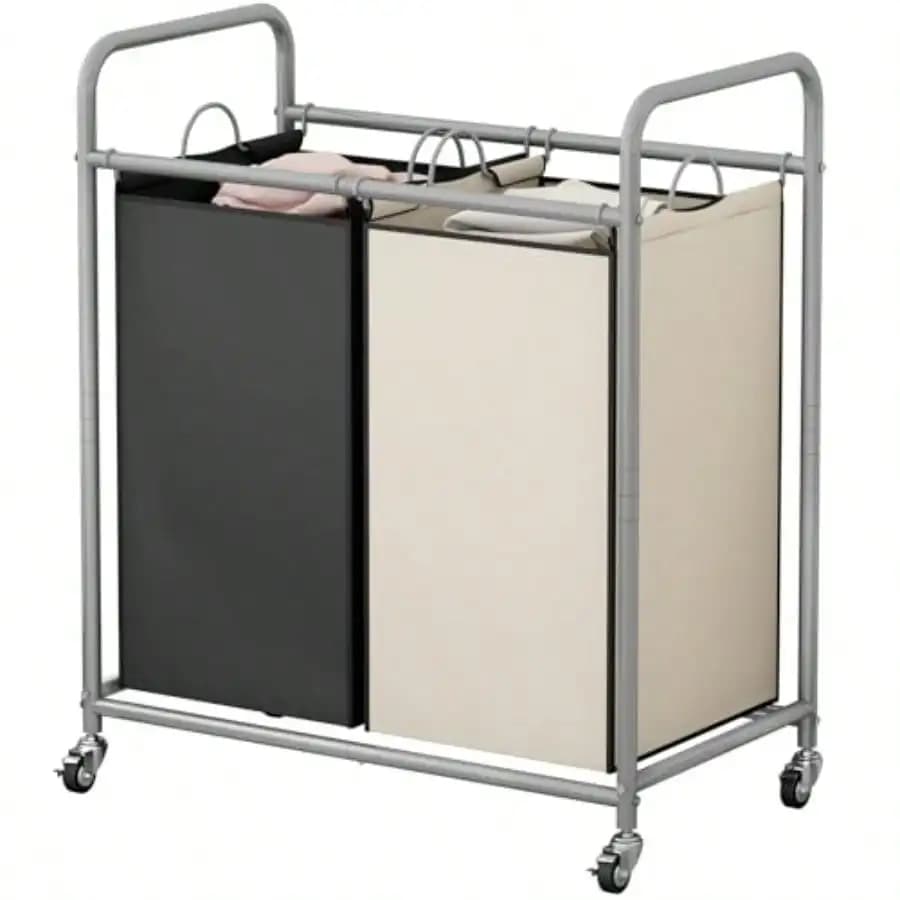 Laundry Sorter Basket 2 Bag Laundry Hamper Cart With Rolling Lockable Wheels And Removable Bags Laundry Organizer Cart For Cloth