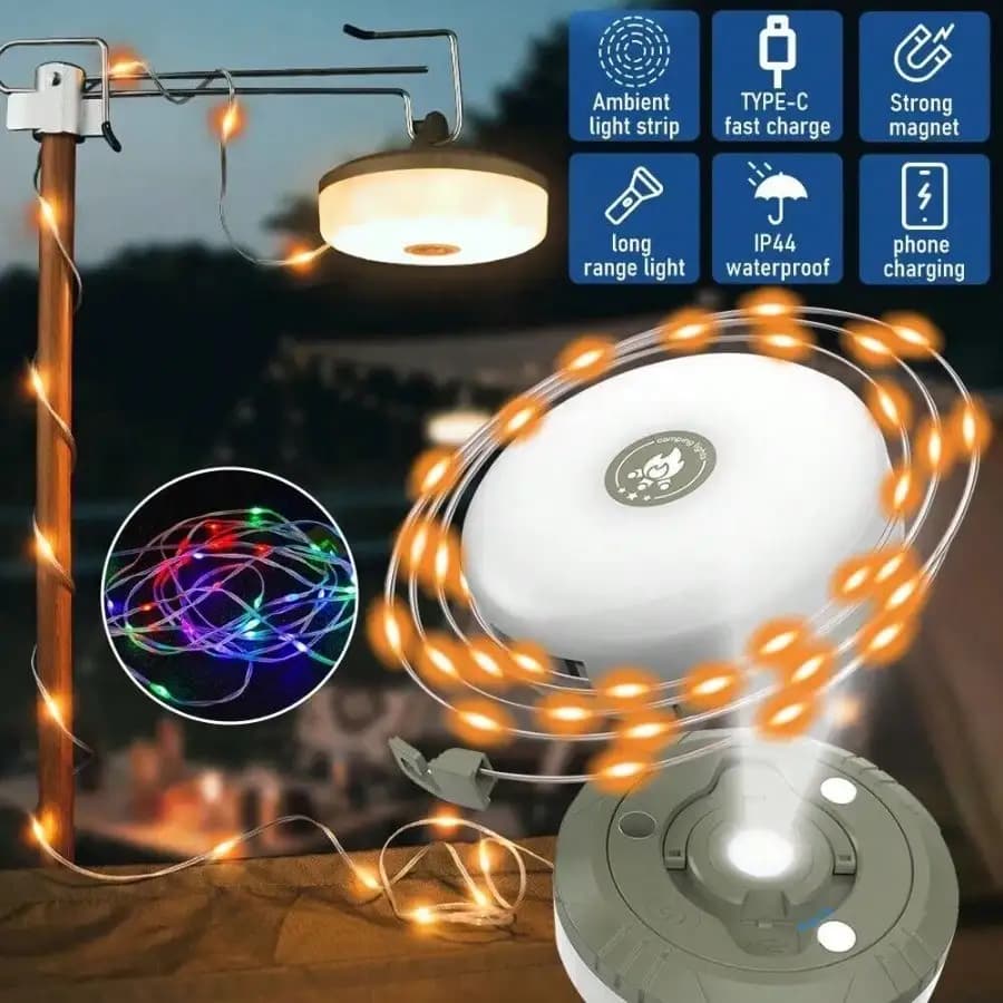 Vivid 9.8FT Retractable Fairy Light Spool And SMD LED Lantern, Portable Canopy Illumination With 5 Dynamic Modes For Pop-Up Tents, Hammock Camping, Beach Bonfires, And Backyard Patio Decorations.