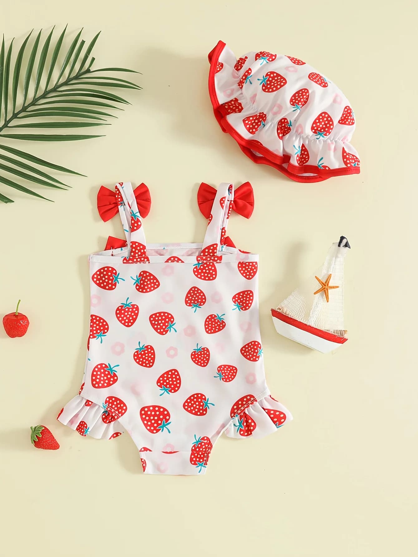 Baby Girl Summer Swimsuit Set 3D Bow Strawberry Print Sling Swimwear with Fruit Bow Hat Infant Beach Vacation Outfit