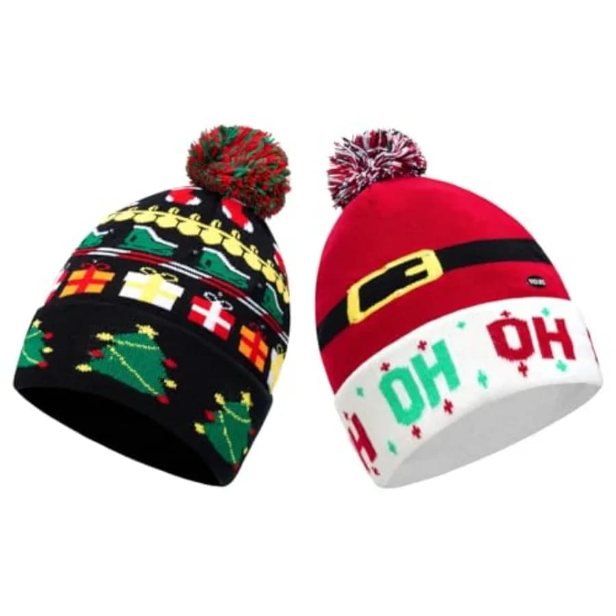 Christmas Hat 2 Pack Light Up Knitted Beanie Hat Xmas Santa Holiday Cap LED Lights