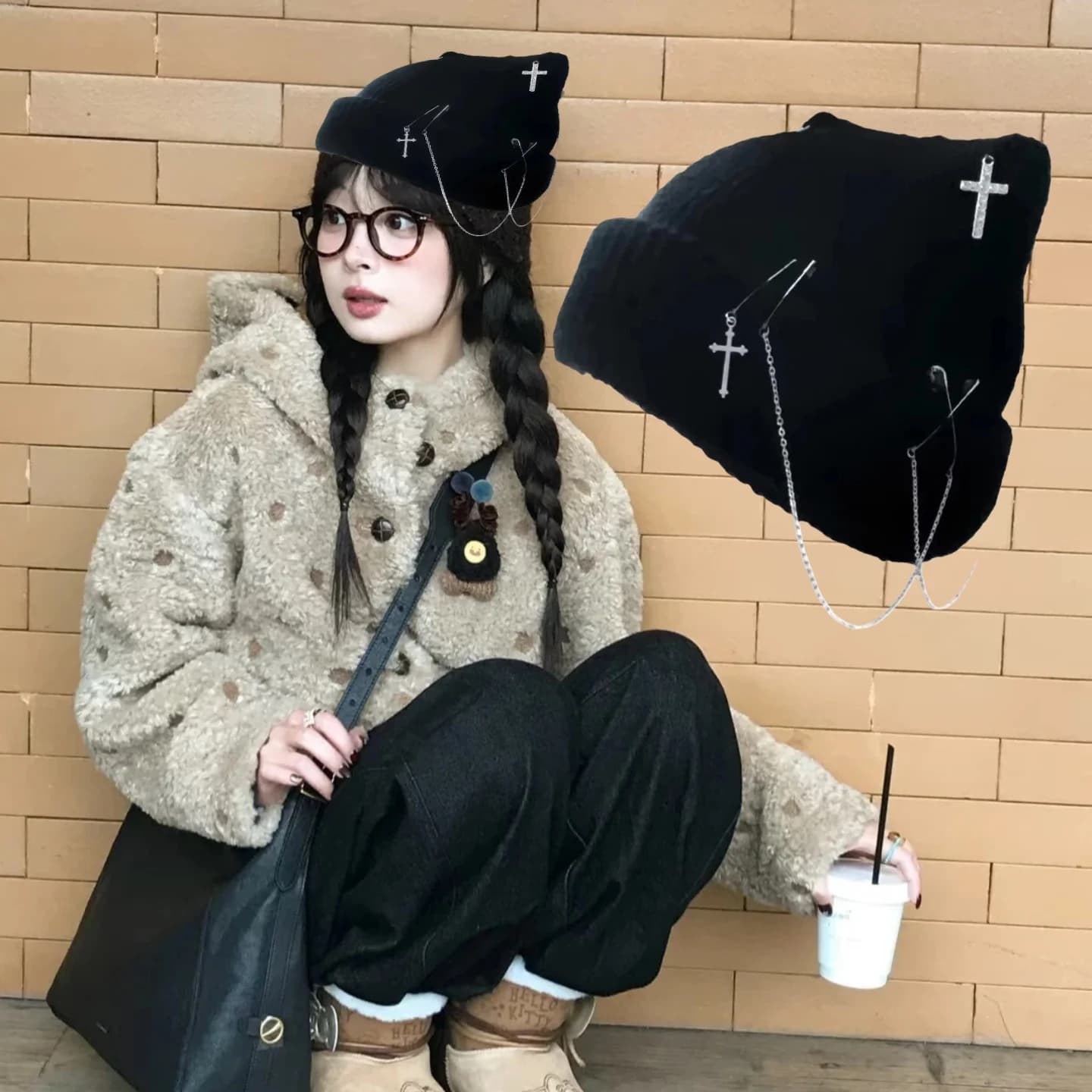 Gothic Knitted Beanie Hat for Women Y2K Cat Ear Hat Handmade Crochet Skull Hat Female Teens Subculture Headwear