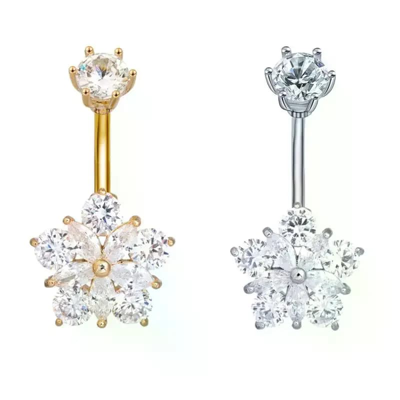 Anello da ombelico a forma di cuore con ali, zirconi brillanti e fiore, per donna, accessorio sexy per piercing al corpo, idea regalo.