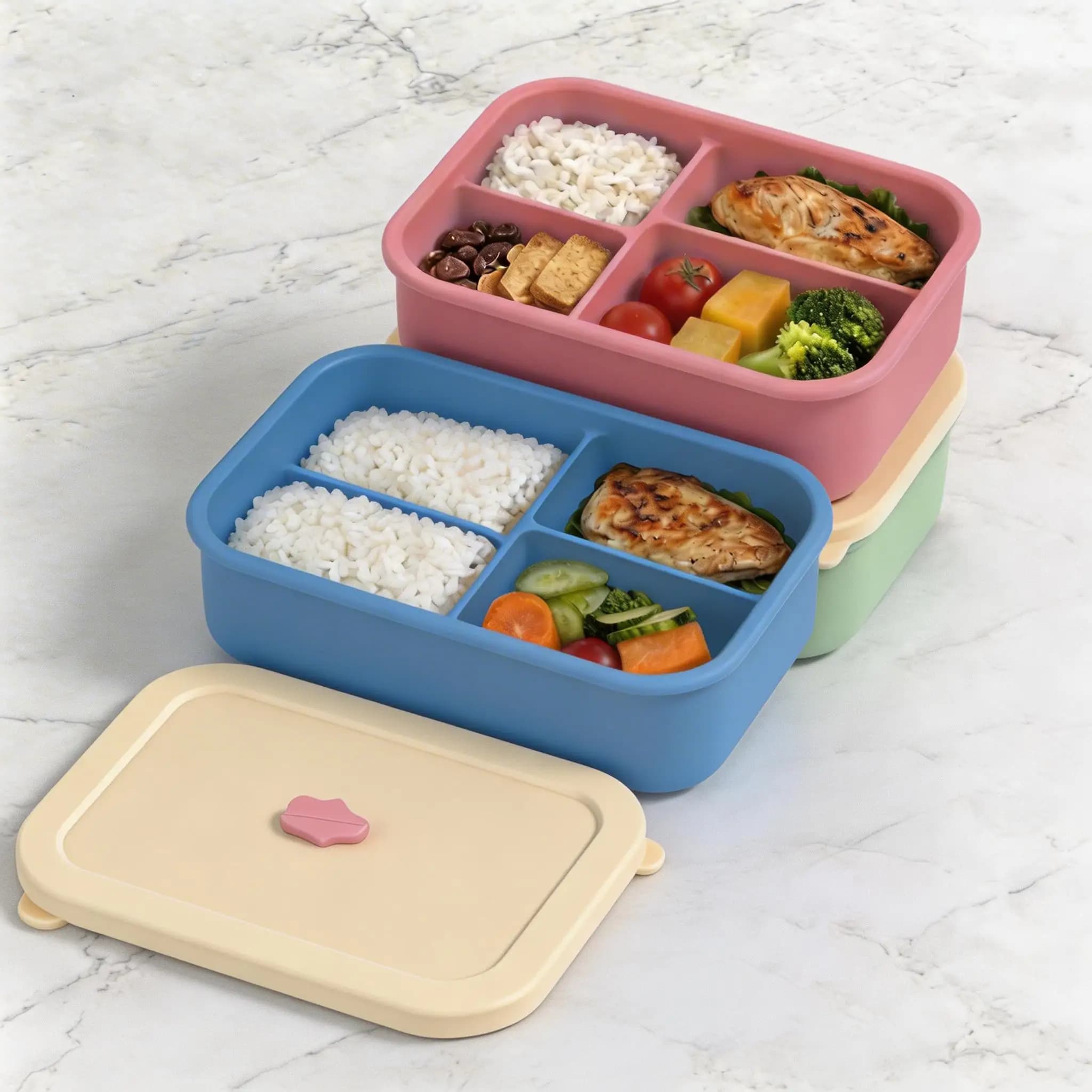Contenitore per Alimenti a Prova di Perdite in Silicone con Coperchio e 4 Scomparti per Bambini e Adulti, Ideale per Asilo Nido e Gite Brevi all'Aperto