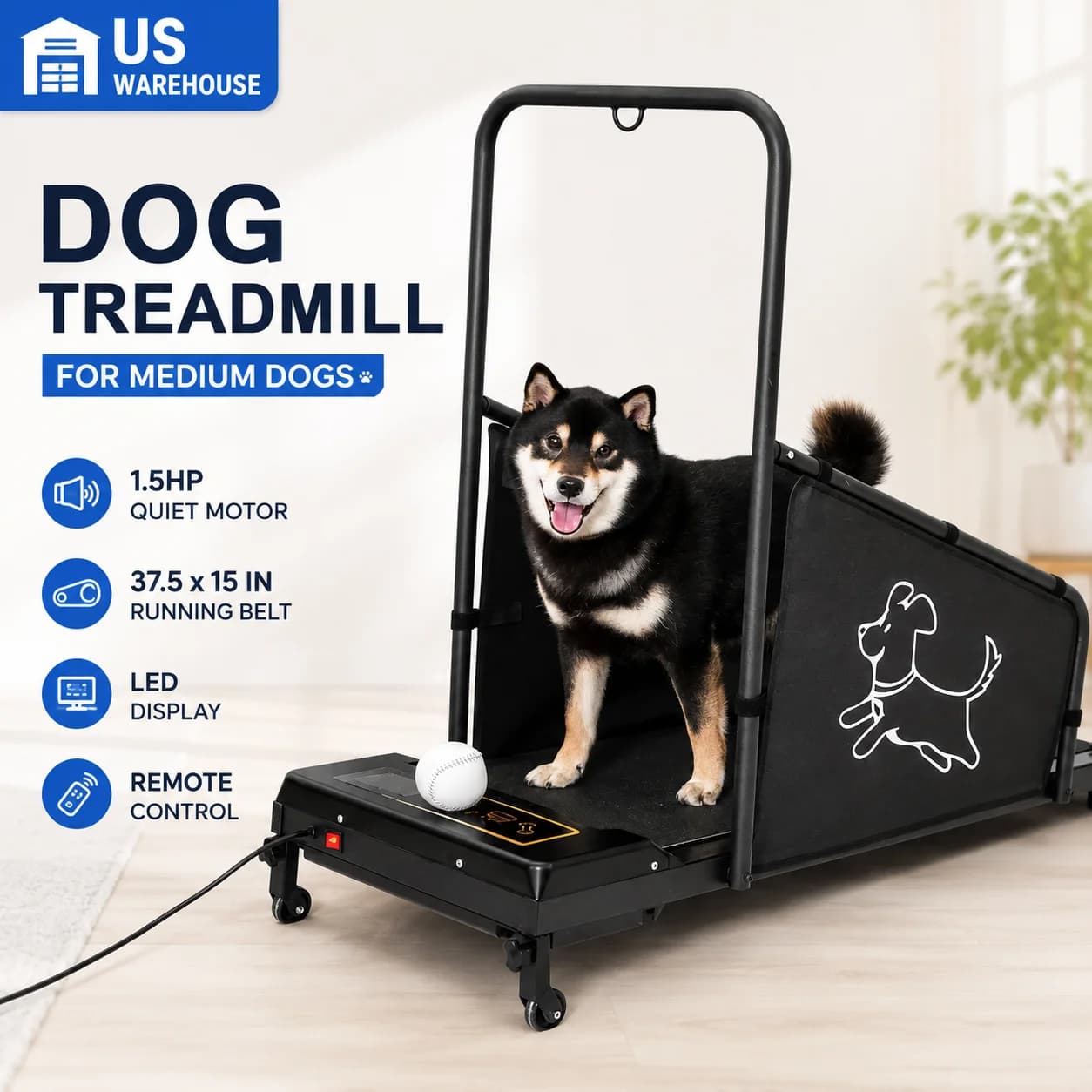 Dog Treadmill for Medium Dogs, 1.5HP Dog Pacer Treadmill with 37.5 X 15 in Running Belt, LED Display, Remote Control, Preset Programs, Side Safety Panels, Quiet Motor, Transport Wheels, Indoor Pet Exercise Running Machine for Home Fitness Training