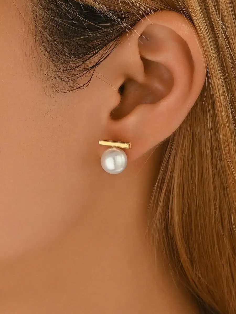 Minimalist Pearl Stud Earrings With Bar Design For Women