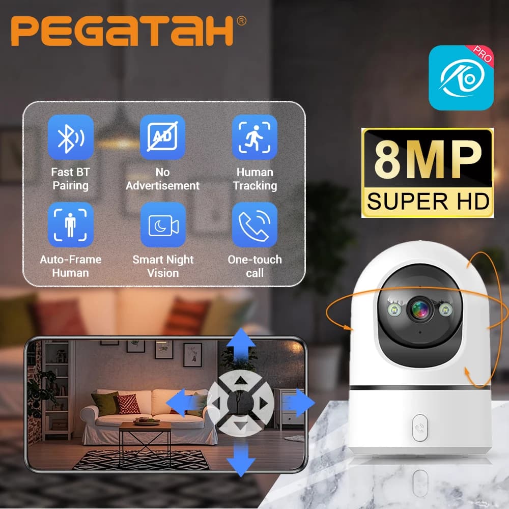 Monitor per Bambini 8MP, Telecamera di Sicurezza WiFi Dual Band PTZ con Tracciamento Umano, Visione Notturna a Colori, Chiamata One-Touch, O-Kam Pro Telecamera da Interno
