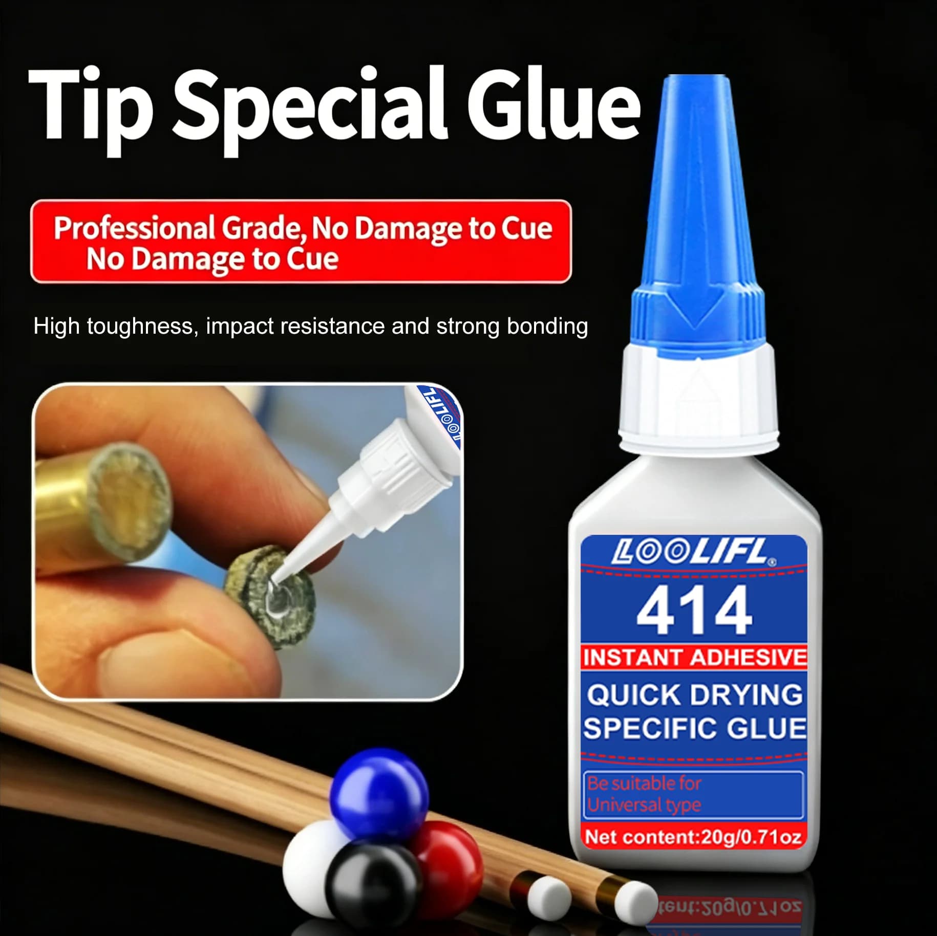 LOOLIFL 414 Colla Istantanea 20g per Punte di Stecche da Biliardo, Grado Professionale, Non Danneggia la Stecca, Forte Adesione per Riparazione Punte di Stecche da Snooker e Pool