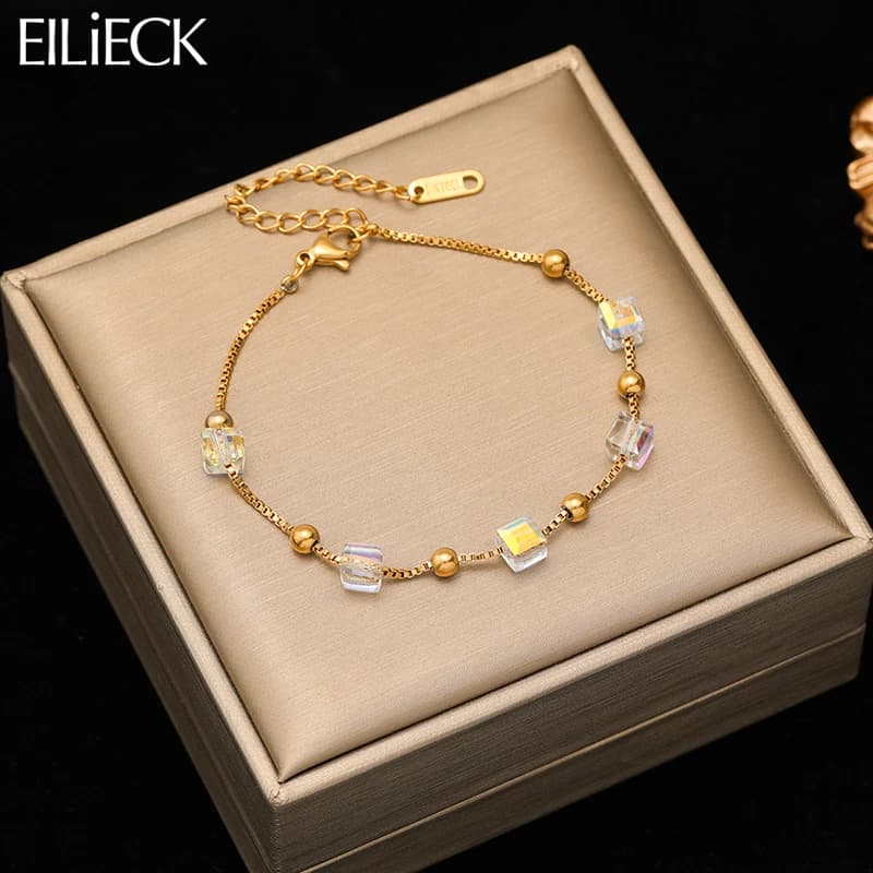 EILIECK Bracciale in acciaio inossidabile 316L con perline cubiche abbaglianti per le donne Ragazza Nuovo regalo di gioielli con braccialetti a catena da polso impermeabili alla moda
