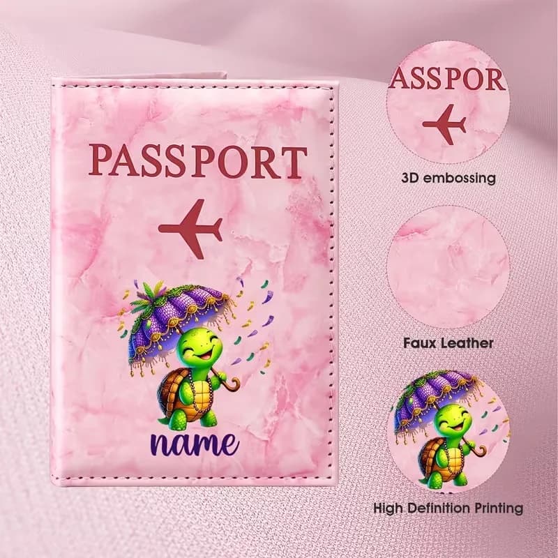 Custom Personalized Name Custom Playful Turtle Umbrella Illustration Design PU Passport Holder, Featuring a Green Turtle Holding