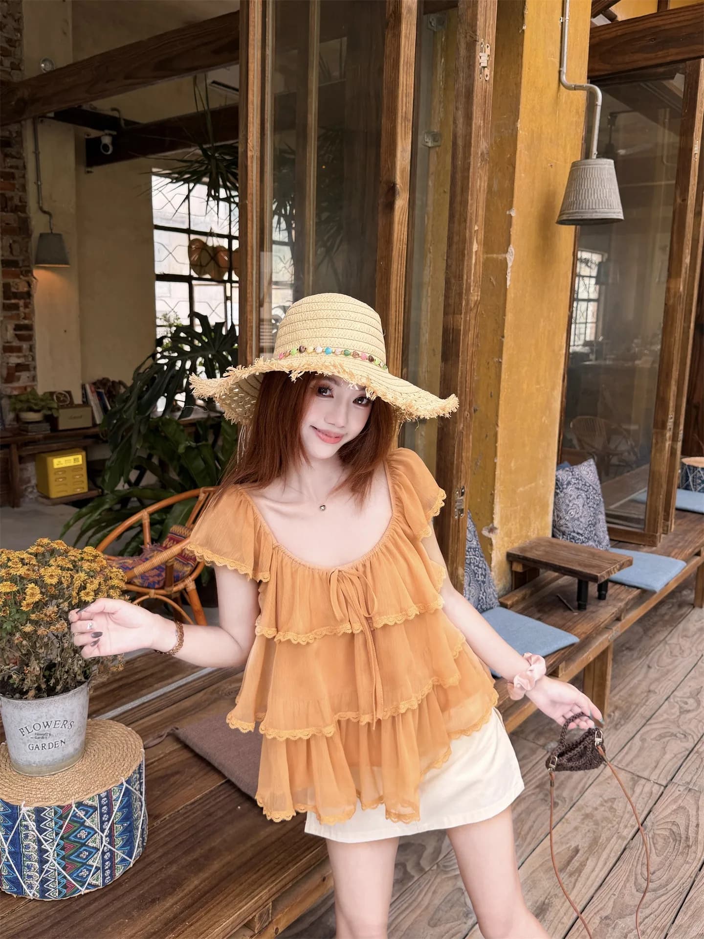 Orange Square Collar Lace Trim Short Sleeve Women's Shirt Summer Slim Fit Sweet Girl's Chiffon Blouse Korean Style Casual Wear