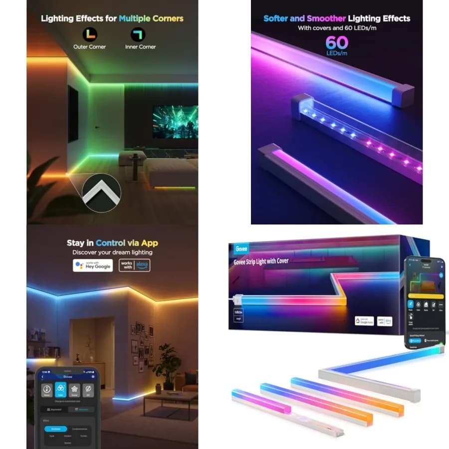 Strisce LED RGBIC con Coperture, Luci LED Intelligenti Compatibili con Alexa e Google Assistant, Canale Diffusore con Luci LED per