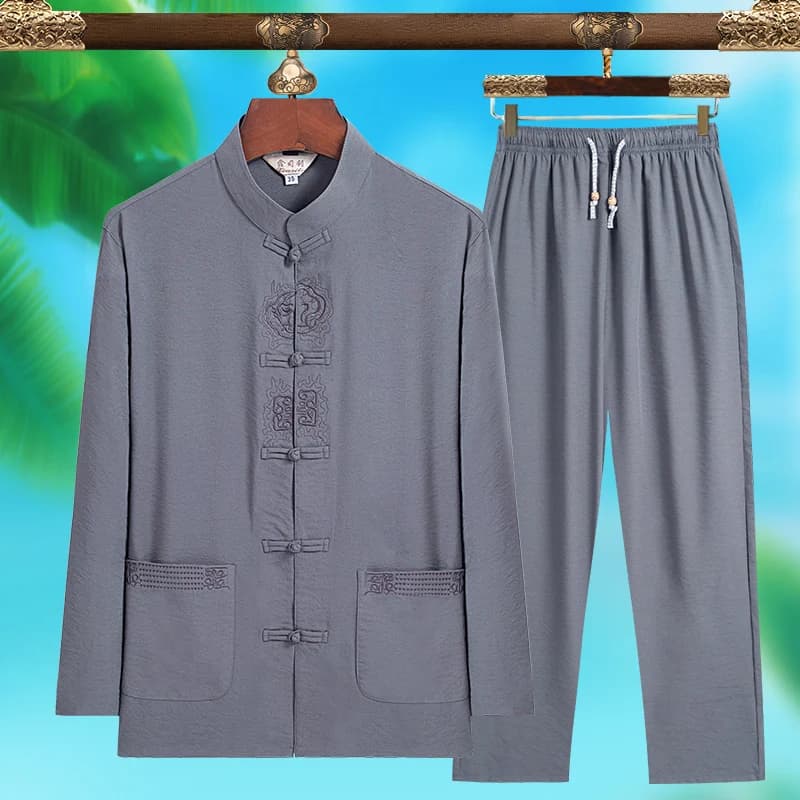 High-quality Men's Fashionable Tang Suit, Pure Silk Lightweight Long-sleeved Set, New Chinese-style Summer Wear