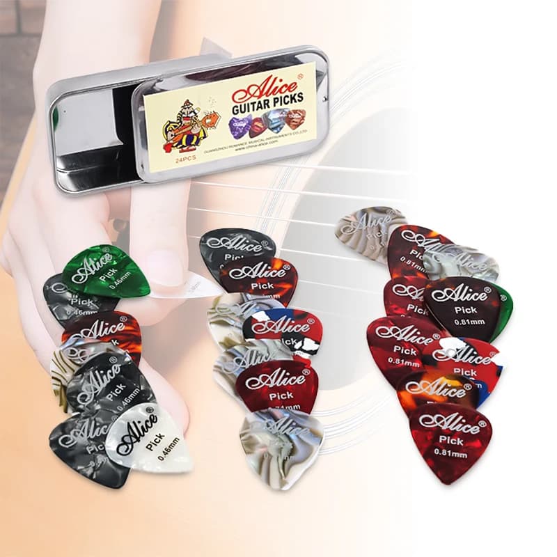 24 plettri per chitarra Alice in scatola, spessore misto 0,46/0,71/0,81 mm in celluloide, colore casuale per chitarra acustica ed elettrica
