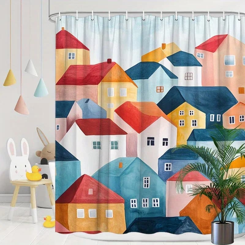 Tenda da doccia con case astratte colorate: resistente all'acqua, facile da pulire, aggiunge un tocco moderno e artistico per la decorazione del bagno