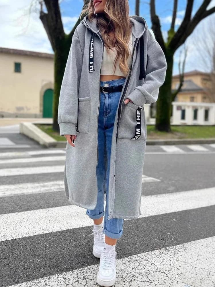 2024 Autunno/Inverno di Modo delle Nuove Donne Elegante Allentato Cappotto Caldo Splicing Casual Pendolarismo Stile Cardigan Con Cappuccio Cerniera Felpa Con Cappuccio