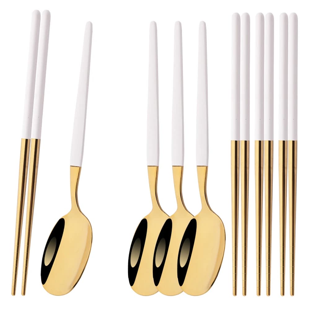 8 pezzi coreano bianco dorato set di stoviglie stoviglie in acciaio inossidabile cucchiai bacchette set di posate servizio di posate da cucina per 4