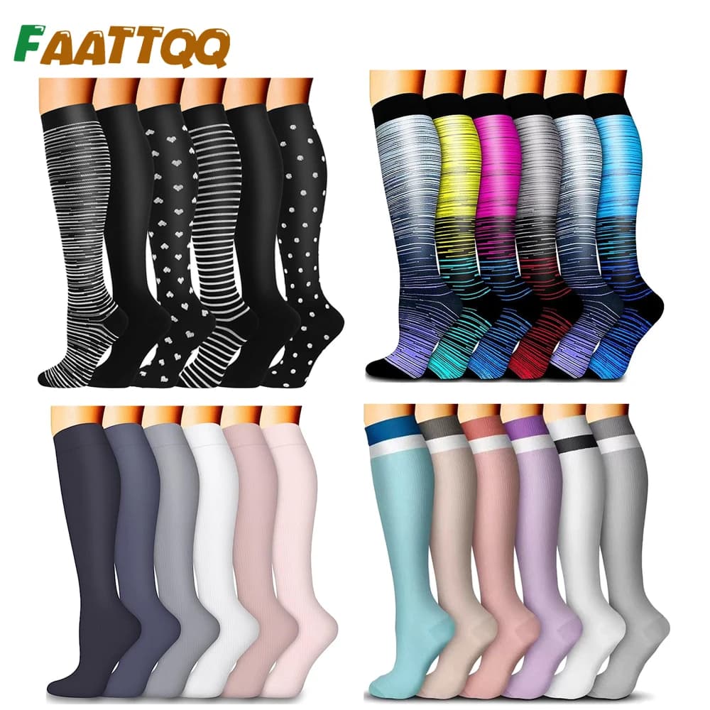 FAATTQQ 6 paia di calzini a compressione da donna e da uomo, al ginocchio, miglior supporto per la circolazione, per corsa, viaggi, volo, infermiera
