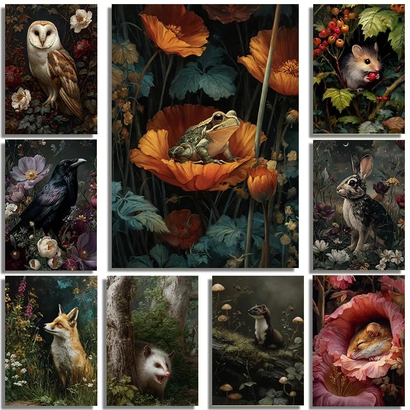 Poster artistico con fiori e fauna della foresta oscura, pittura a diamante, stampa artistica, decorazione da parete per hotel, casa vacanze, cabina, casa