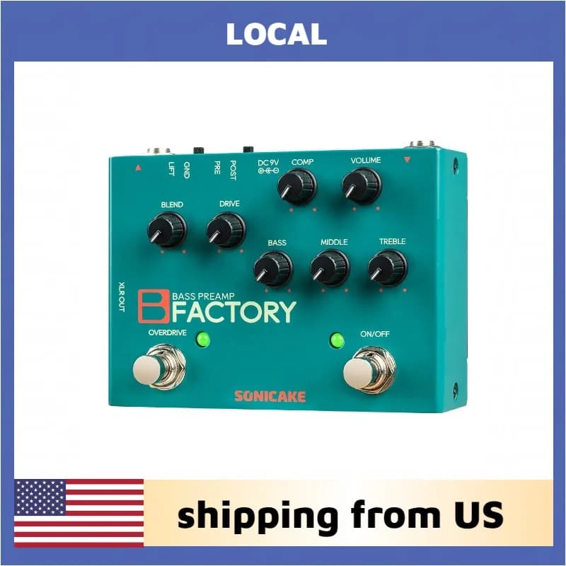 Pedale Overdrive per Basso SONICAKE con Preamplificatore Analogico, Compressione ed Effetti, EQ a 3 Bande con Selezione Pre/Post e Uscita XLR, Modello B Factory