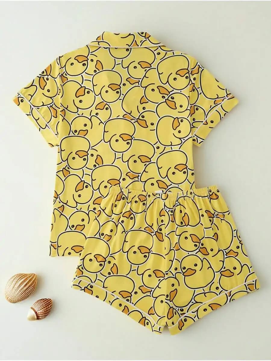 Women Short Sleeve Button Collar Pajama Set Yellow Cartoon Duck Print Comfortable Loose Homewear