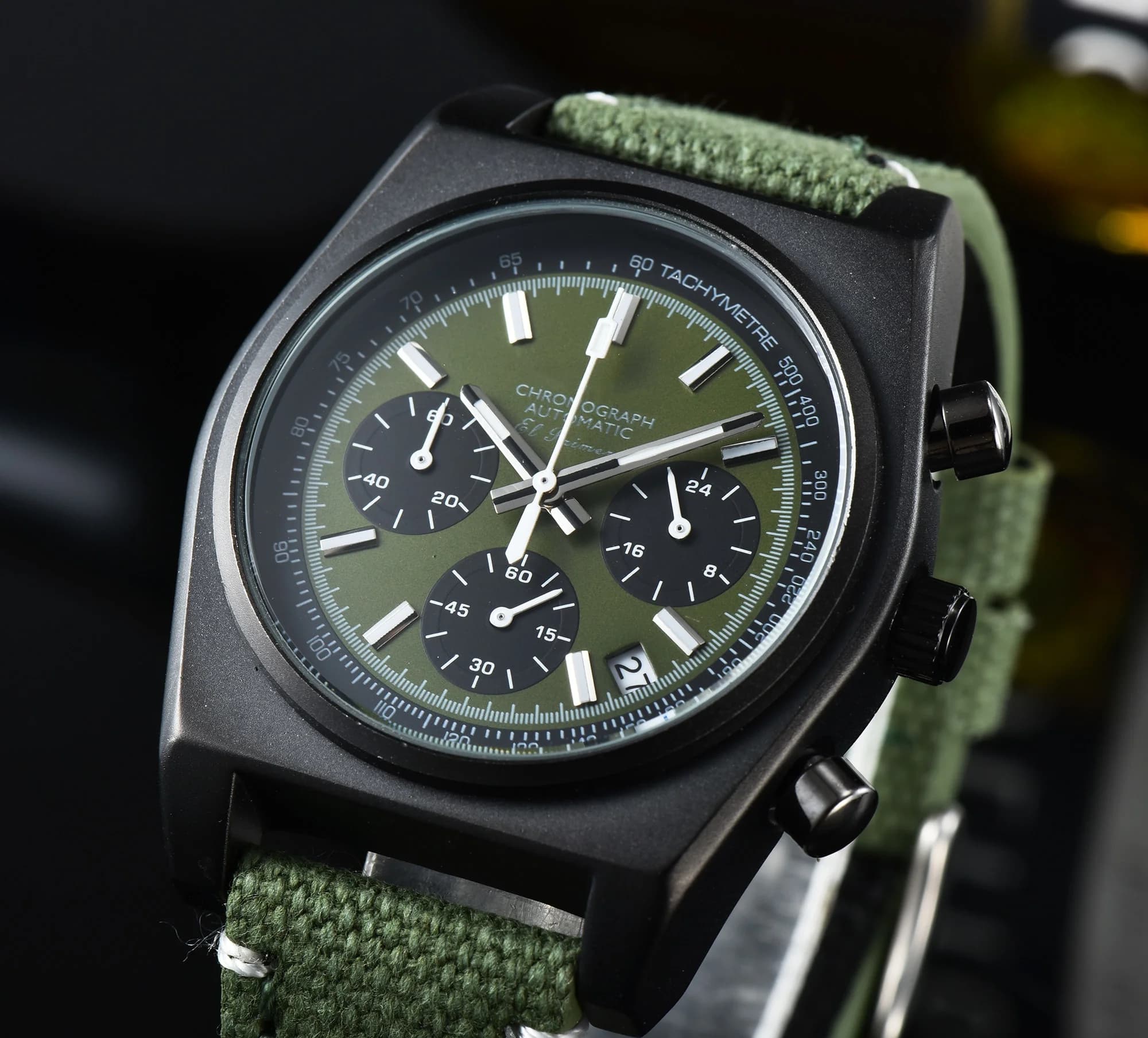 Orologio da Uomo Cronografo Stile El Primero in Offerta, Quadrante Marrone, Cinturino in Pelle Arancione, Orologio da Polso al Quarzo, Orologio da Uomo Cronografo Stile El Primero di Tendenza, Quadrante Verde, Cinturino in Tela Verde, Orologio al Quarzo ZH075