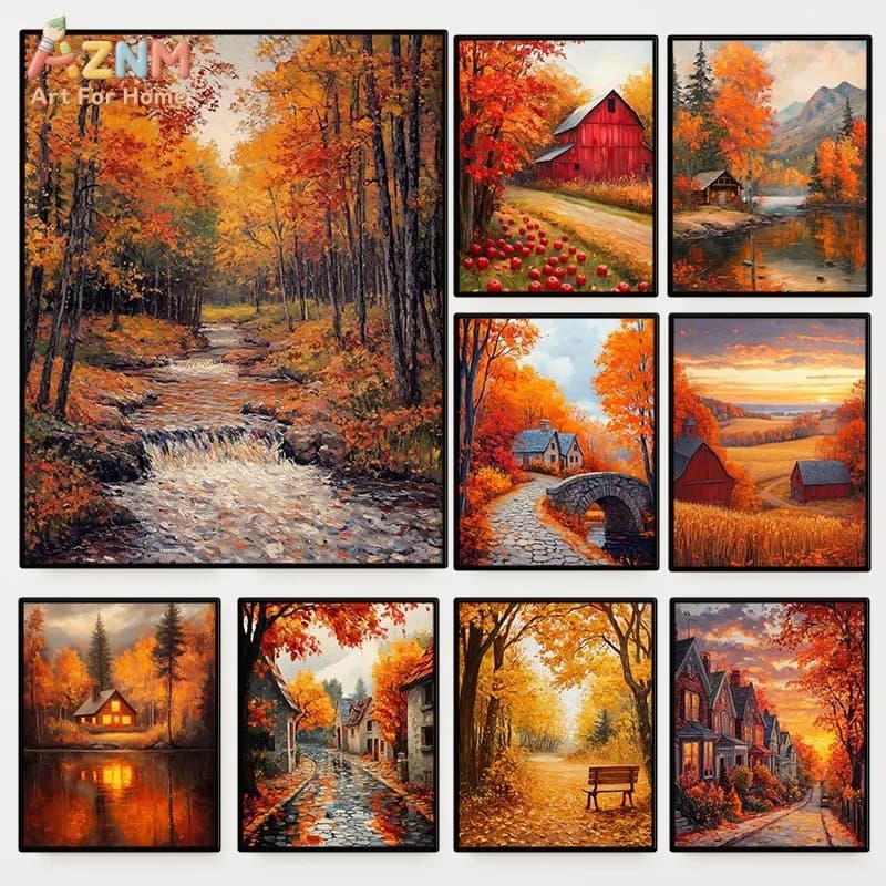 AZNM Unframed Canvas Print Autumn Forest Landscape Wall Art Fall Farmhouse Oil Painting Home Decor Poster