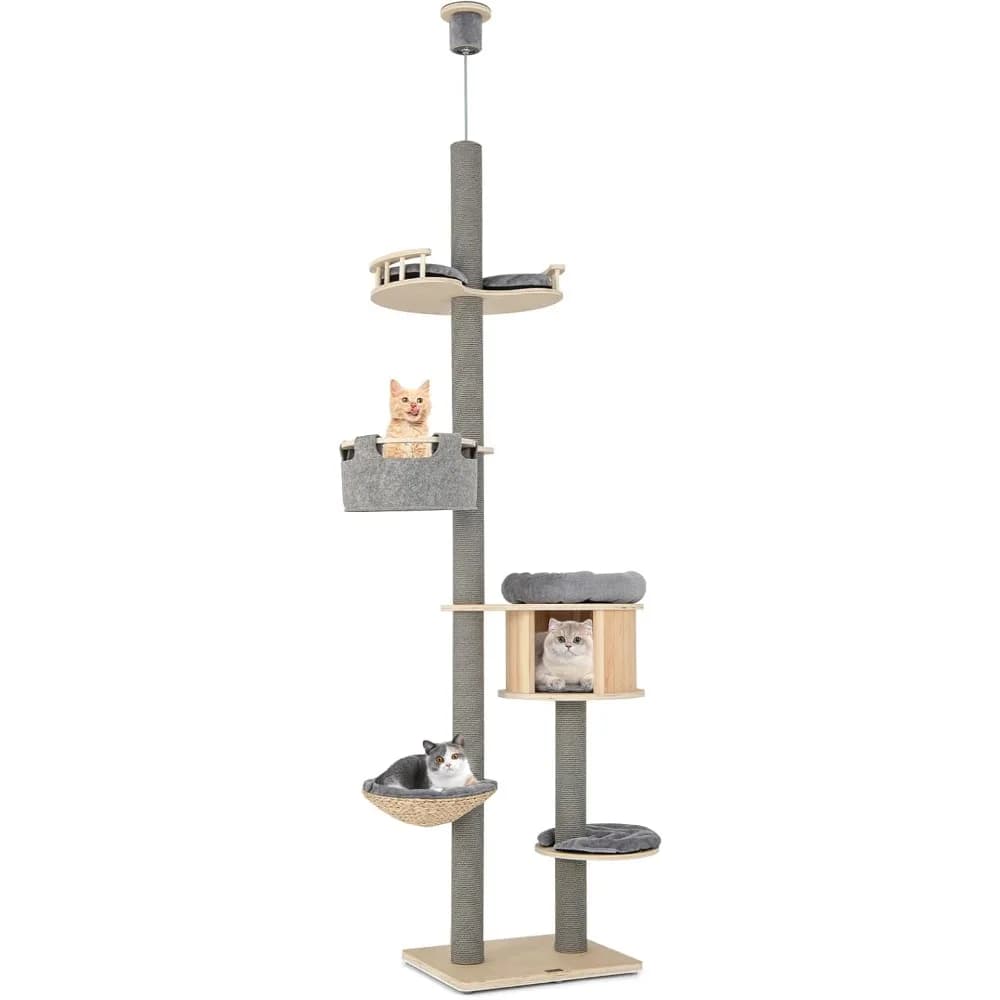 tangkula albero per gatti dal pavimento al soffitto, torre per gatti alta a 5 livelli con altezza regolabile (100-110 pollici) per gatti di grandi dimensioni, arrampicata per gatti in legno