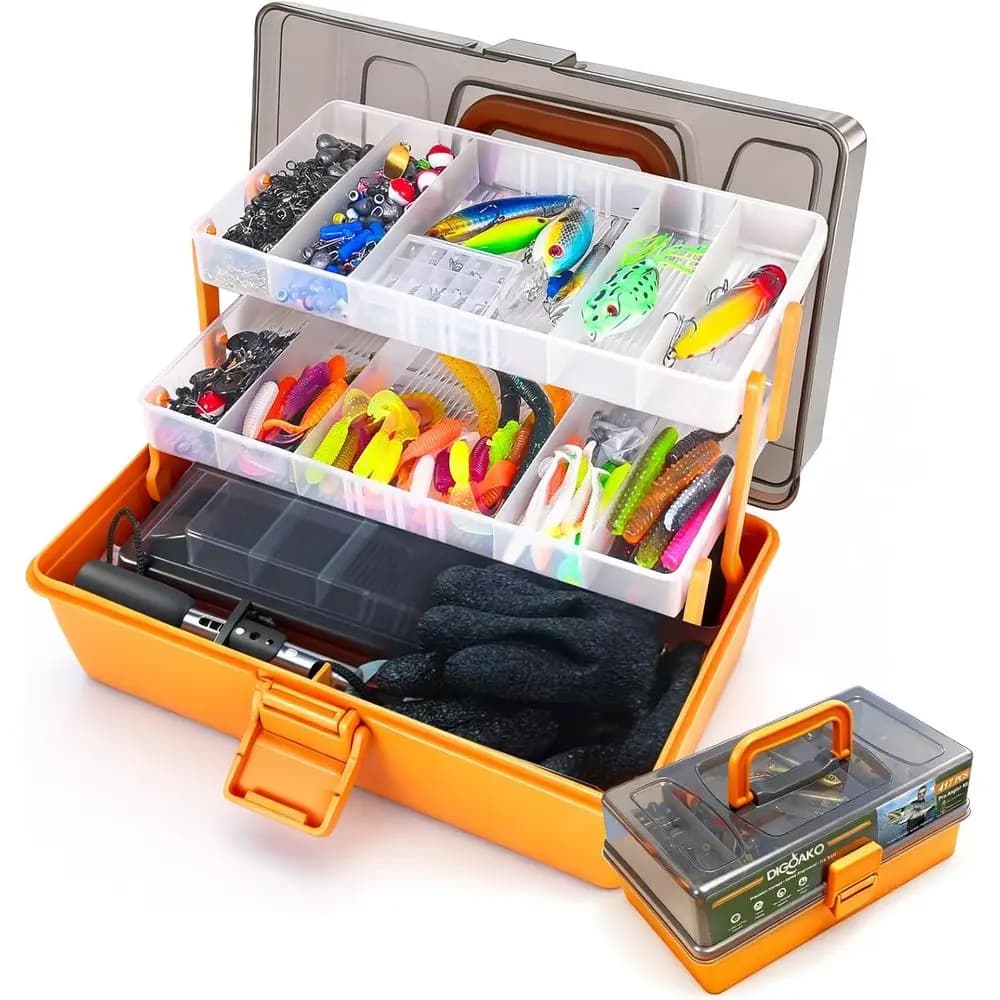 Scatola per attrezzatura da pesca premium a 3 livelli con kit di esche da 417 pezzi, set di attrezzi essenziali per la pesca alla spigola, regalo ideale per gli pescatori
