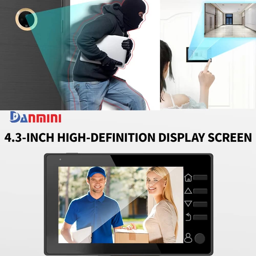 Videocitofono con Monitor 4.3 Pollici, Telecamera Spioncino 1MP, Visione Notturna PIR, Telecamera Occhio di Gatto Q10