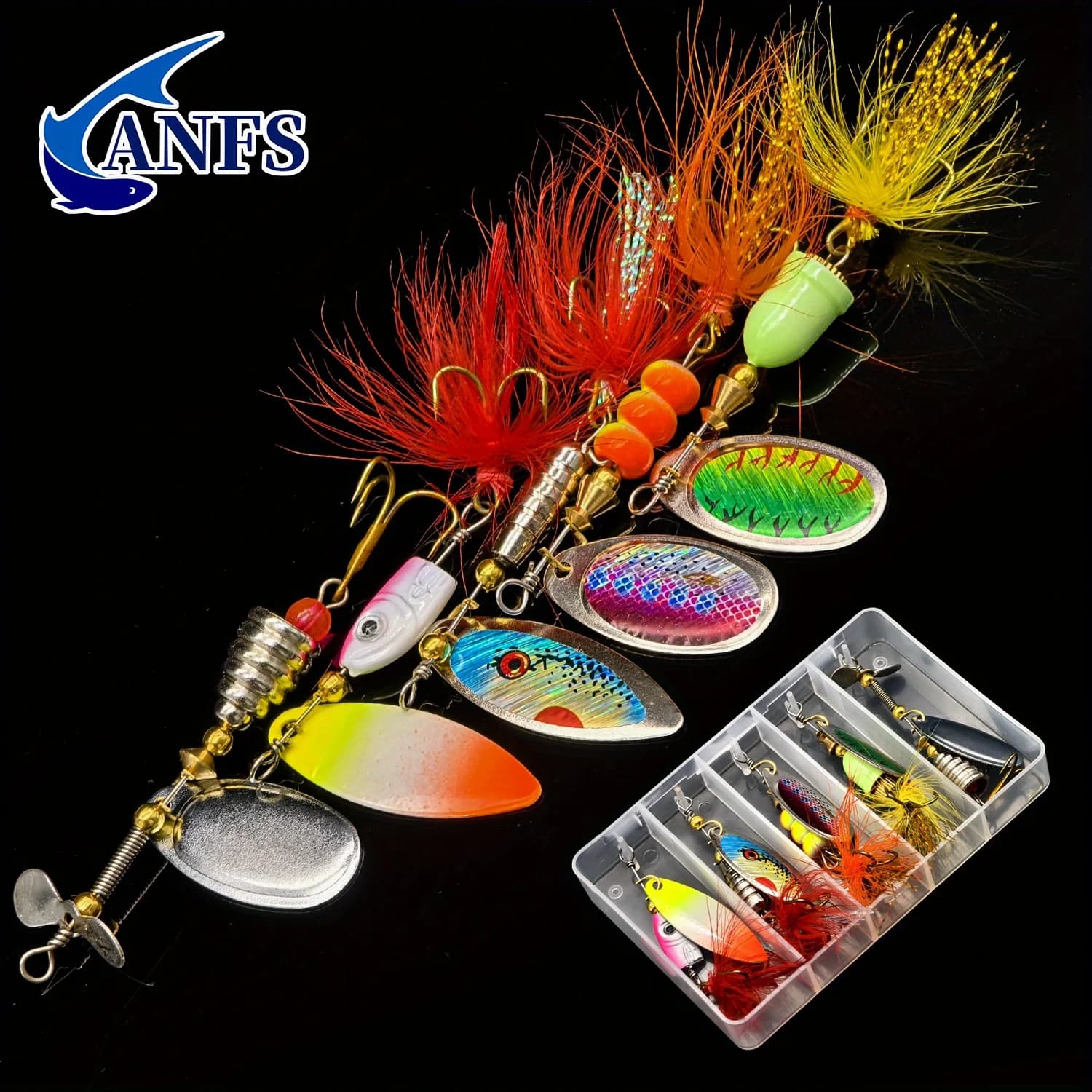 ANFS 5 pieces bait fishing rod bait, salmon bass trout kit hard metal spinner bait kit with equipment box
