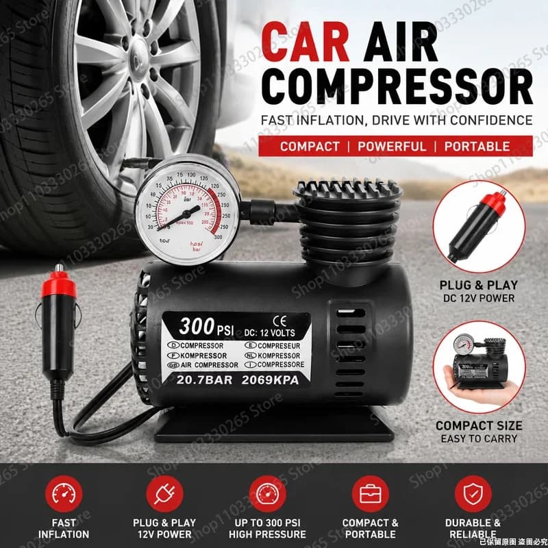 Compressore d'Aria Portatile 12V DC 300 PSI, Gonfiatore per Pneumatici Auto Compatto con Presa Accendisigari per Uso di Emergenza