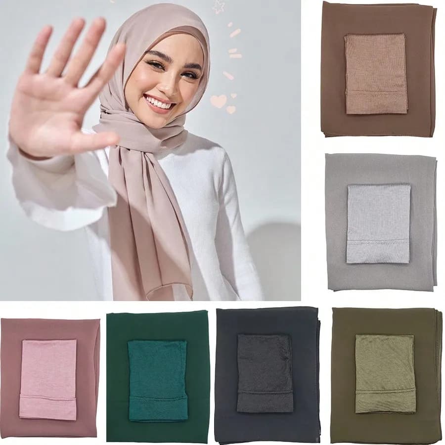 Set of 2 pieces: Hijab and woman's hat for everyday use, Muslim hijab in chiffon and elastic turban hat, plain colored scarf.