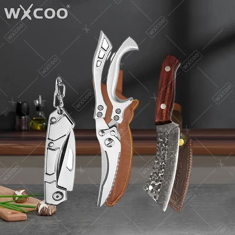 WXCOO Multi purpose Hand forged Meat Cleaver Butcher Knife Kitchen Knife Stainless Steel Carving Knife Poultry Scissors