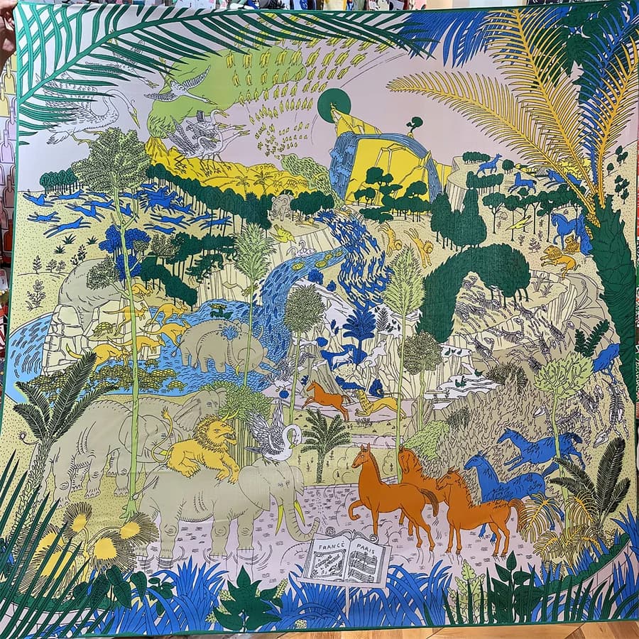 Silk Scarf Cashmere Women's Hand Rolled Jungle Animals Printed Square Scarves wraps Bandana Big Hijab Women's Scarf 135CM