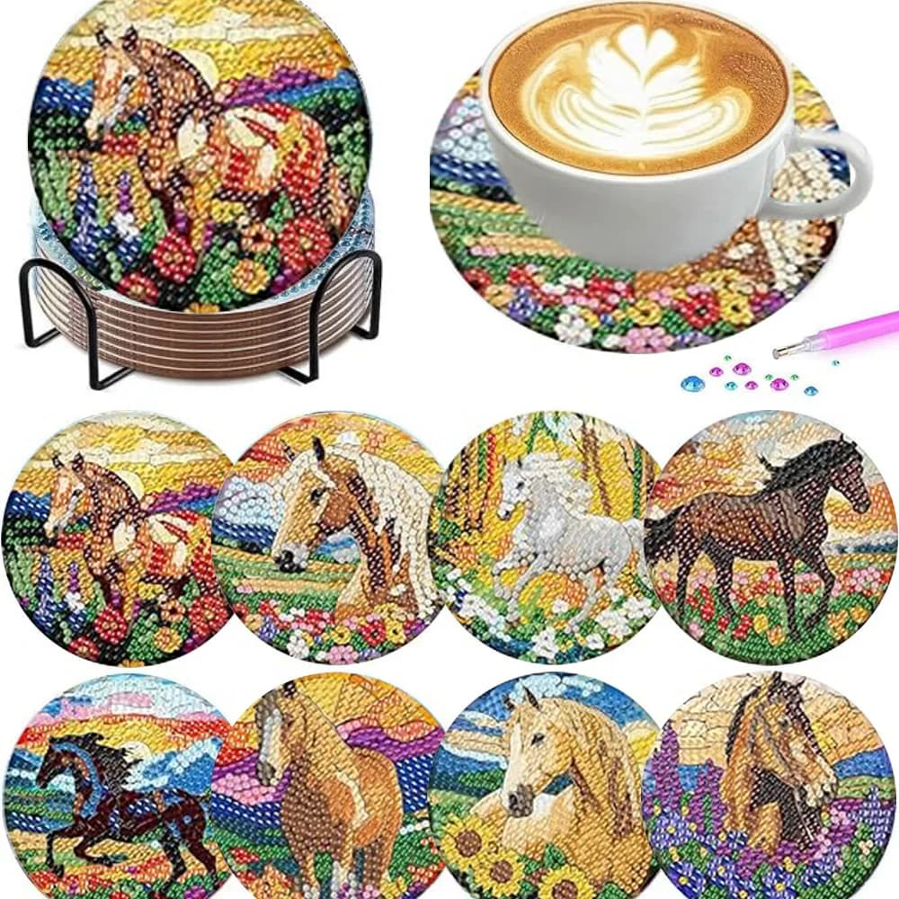 8-Piece Set of Diamond Painting Coasters (with Holder), DIY Diamond Painting Cup Holder with Horse Pattern