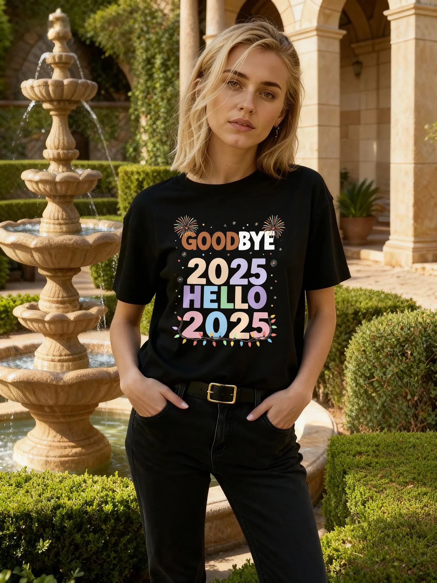 T-Shirt Girocollo Nera 'Goodbye 2025 Hello 2025' con Design di Fuochi d'Artificio Colorati, Abbigliamento per Feste di Capodanno